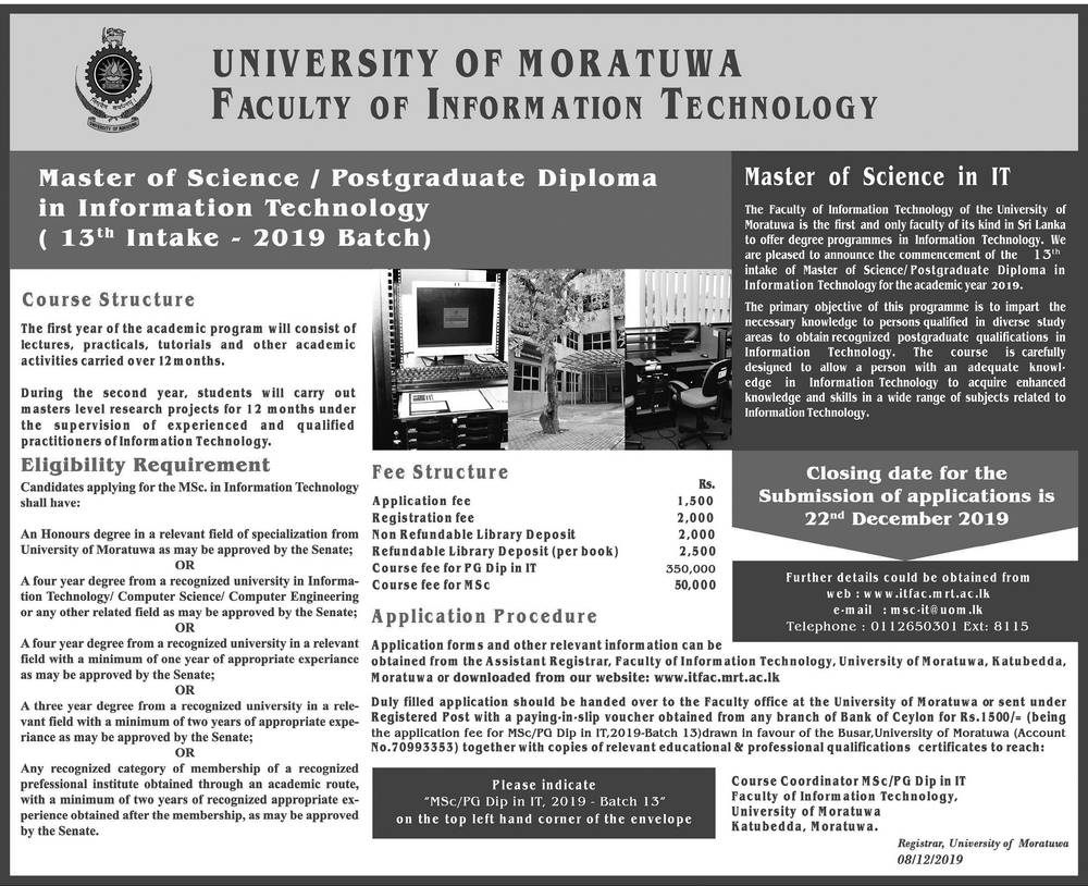 Master of Science / Postgraduate Diploma in Information Technology - University of Moratuwa