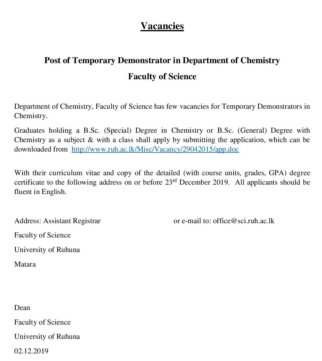 Demonstrator Job Vacancies 2019 - University of Ruhuna