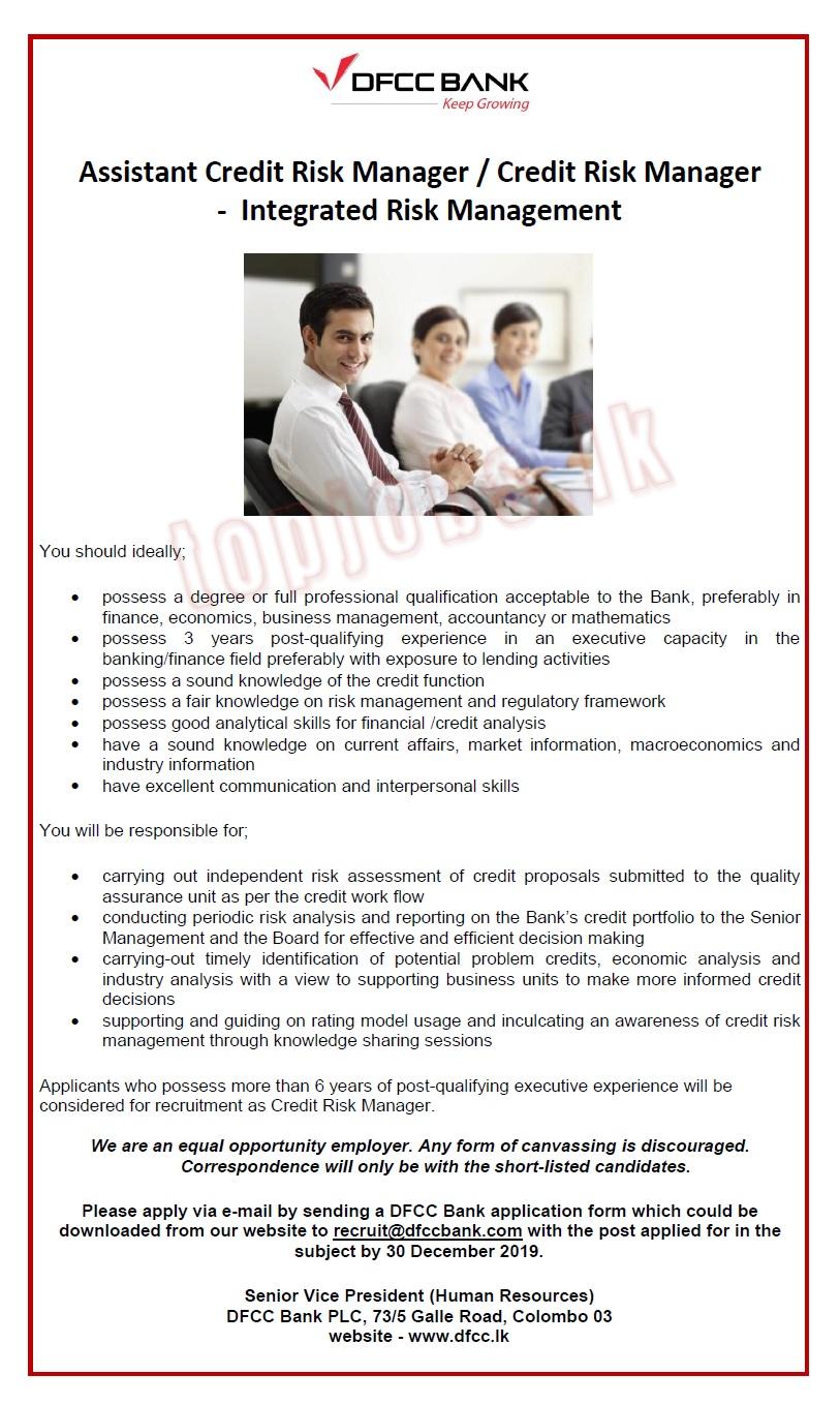 Assistant Credit Risk Manager / Credit Risk Manager - Integrated Risk Management