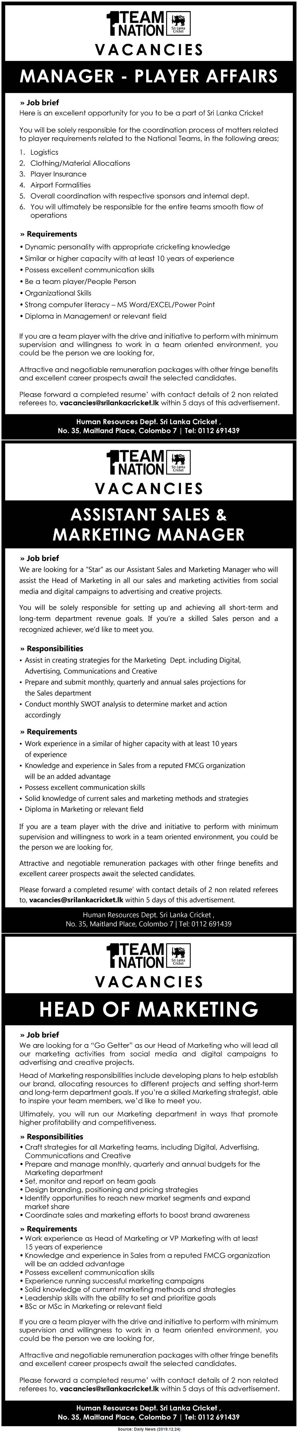 Full-Time Sri Lanka Cricket Job Vacancies in Sri Lanka