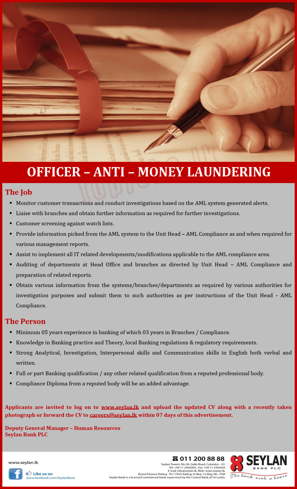 Money Laundering Seylan Bank PLC Banking Vacancies 2019