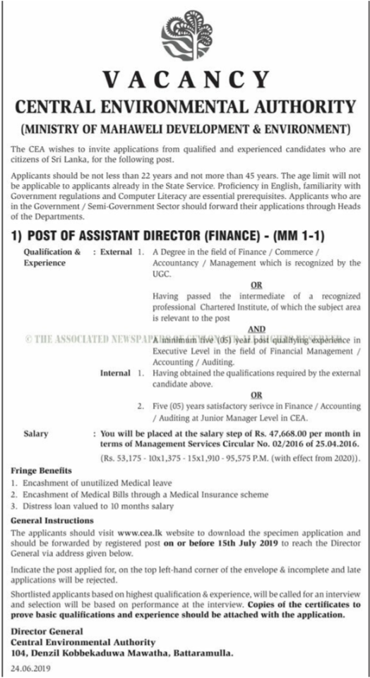 Assistant Director (Finance) - Central Environment Authority