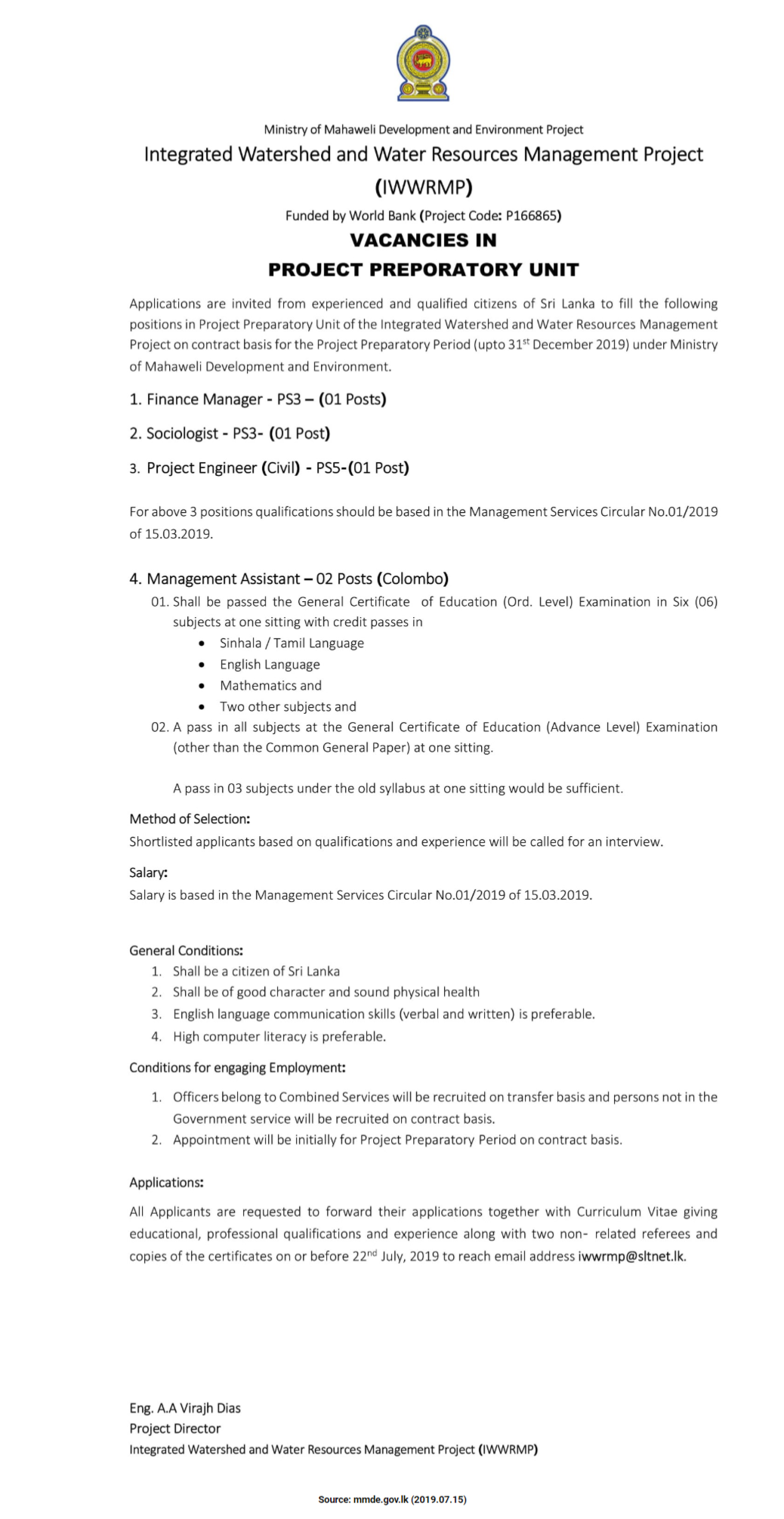 Management Assistant, Project Engineer (Civil), Sociologist, Finance Manager - Ministry of Mahaweli Development & Environment
