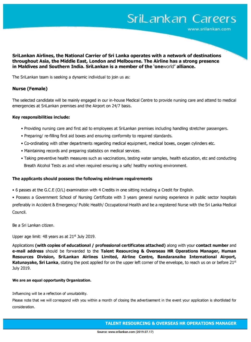 Nurse (Female) - Sri Lankan Airlines Limited