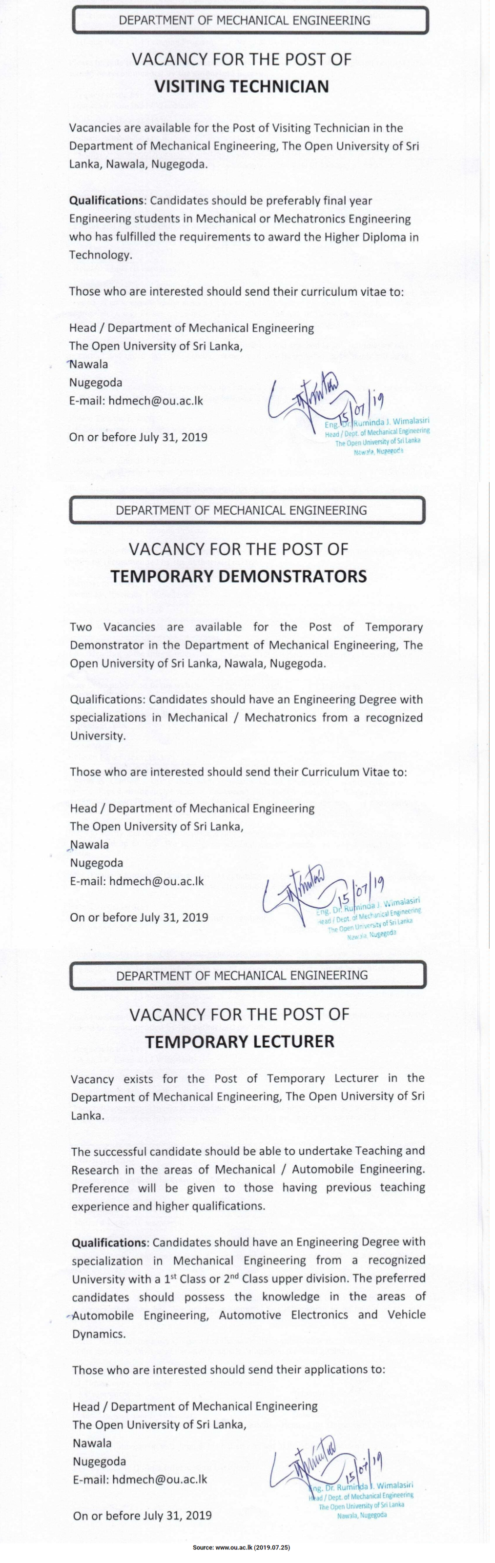 The Open University of Sri Lanka Job Vacancies