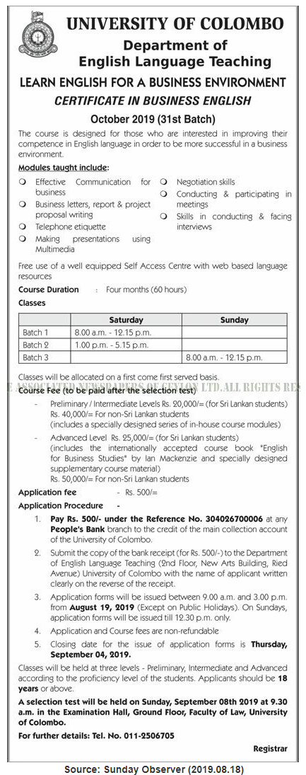 Certificate in Business English - University of Colombo