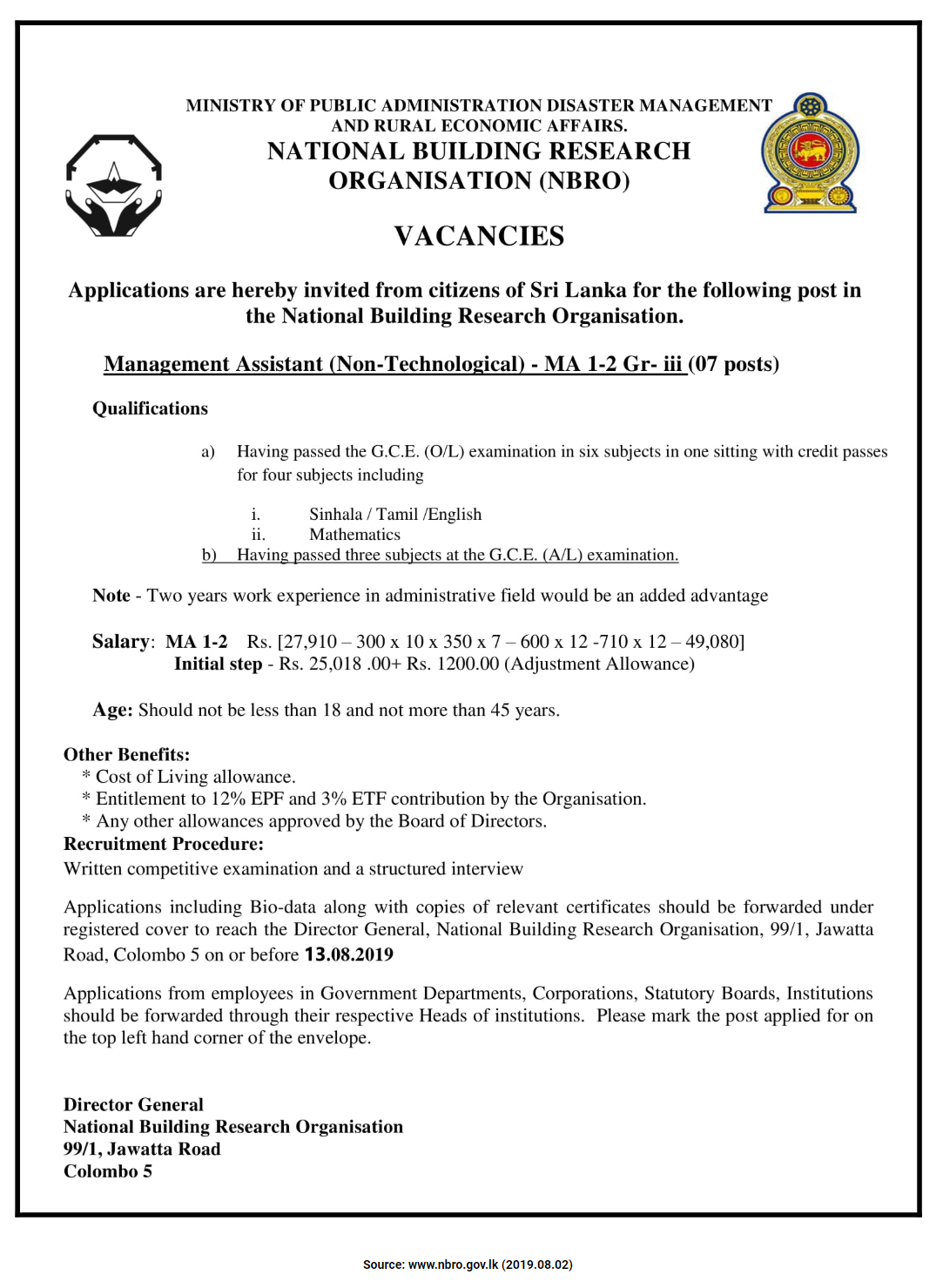 National Building Research Organisation (NBRO) Job Vacancies