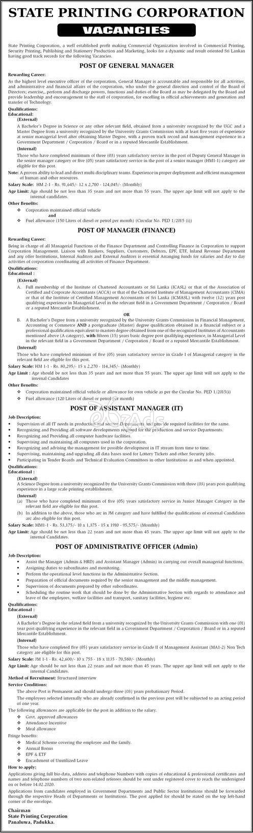 General Manager, Manager, Assistant Manager, Administration officer - State Printing Corporation Jobs 2020
