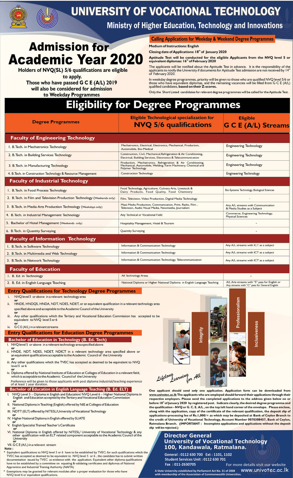 Admission for Academic Year 2020 - University of Vocational Technology
