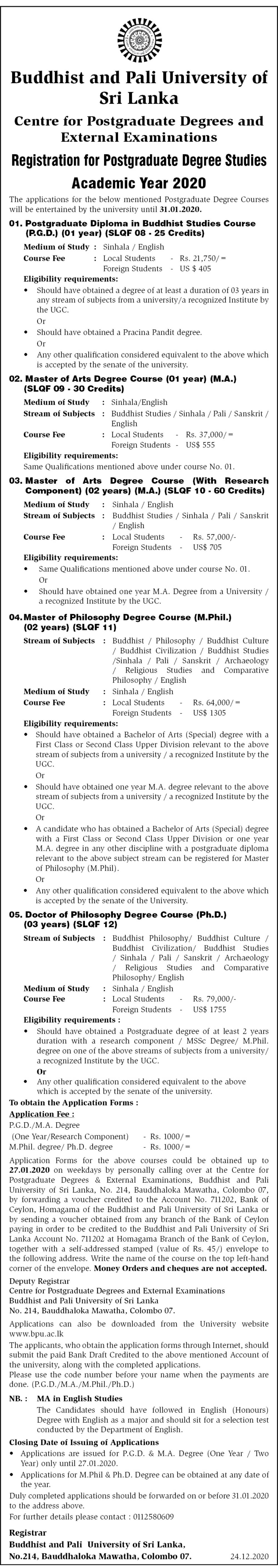 Registration for Postgraduate Degree Studies (2020) - Buddhist & Pali University of Sri Lanka