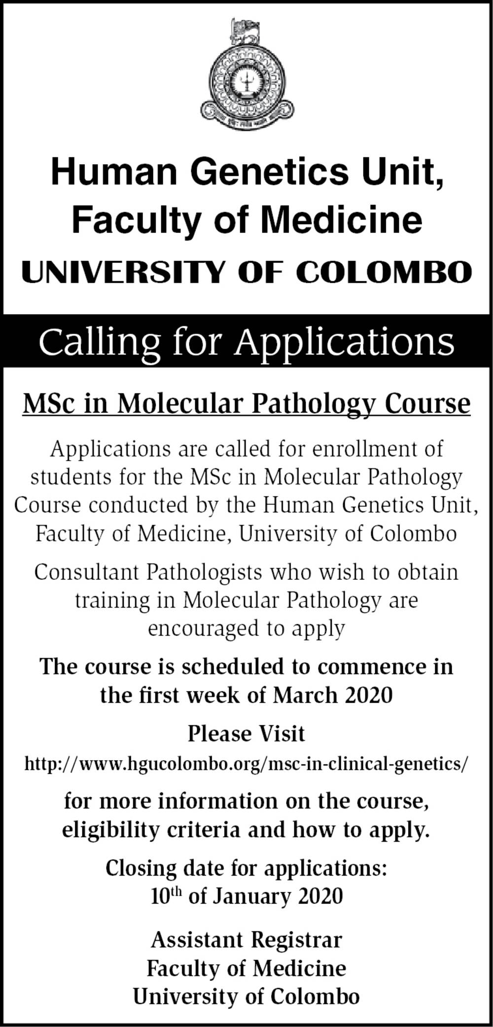 MSc in Molecular Pathology Course - University of Colombo