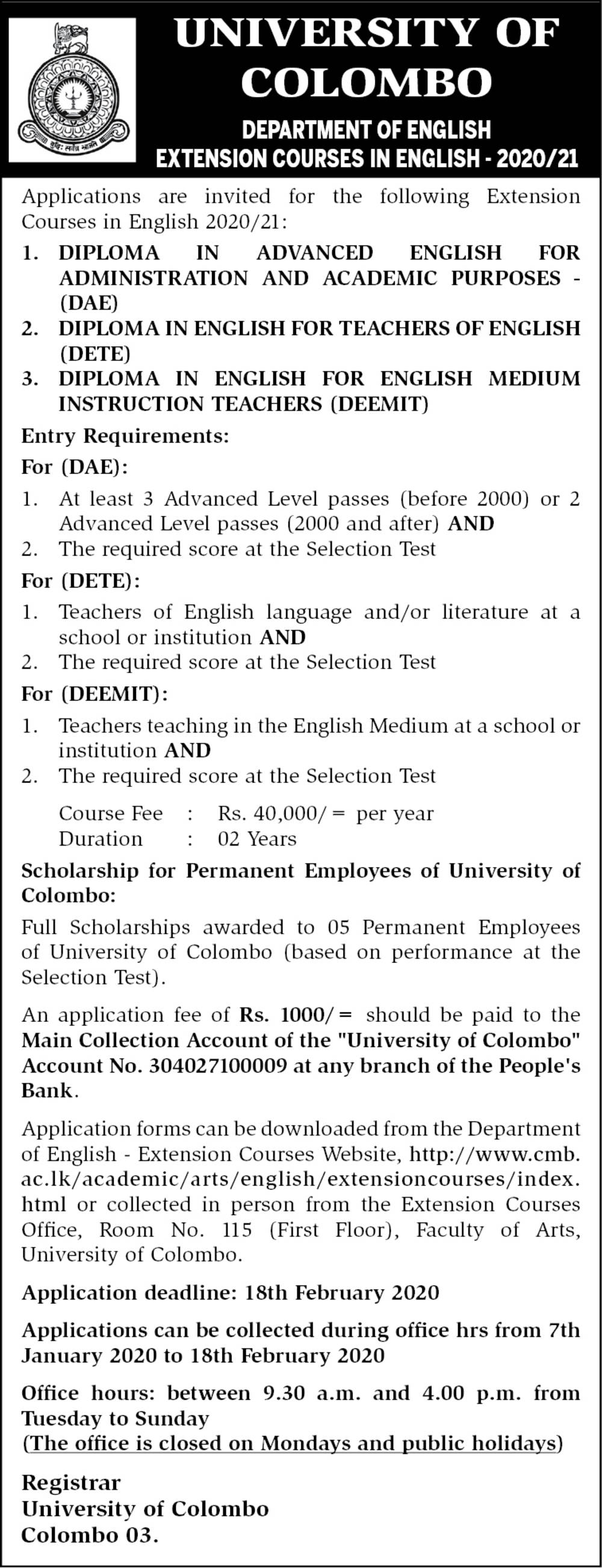 Extension Courses in English - Department of English - University of Colombo
