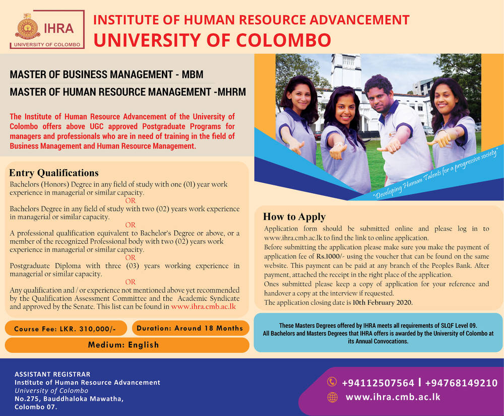 Master of Business Management, Master of Human Resource Management - Institute of Human Resource Advancement - University of Colombo
