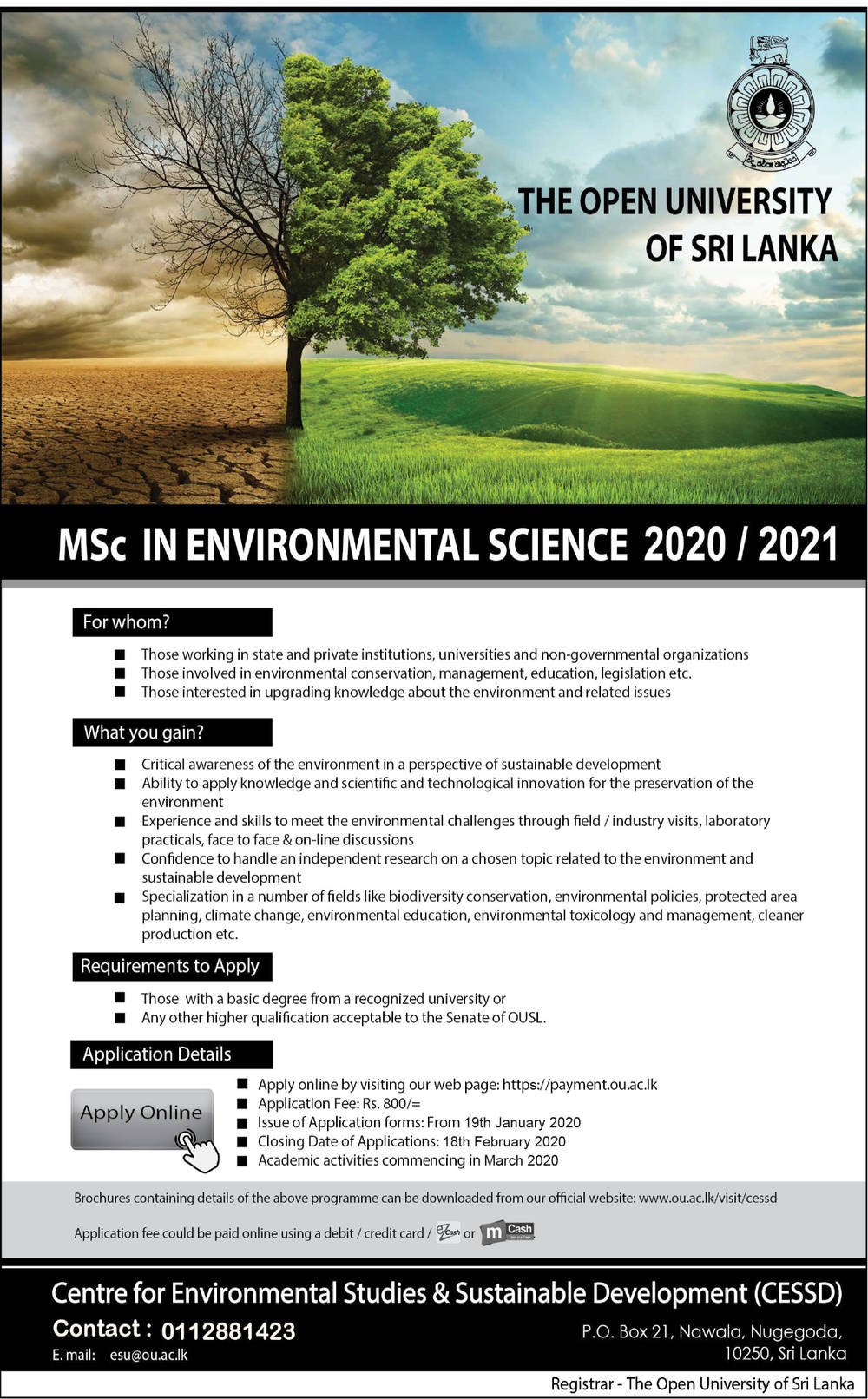 MSc in Environmental Science (2020/2021) - The Open University of Sri Lanka