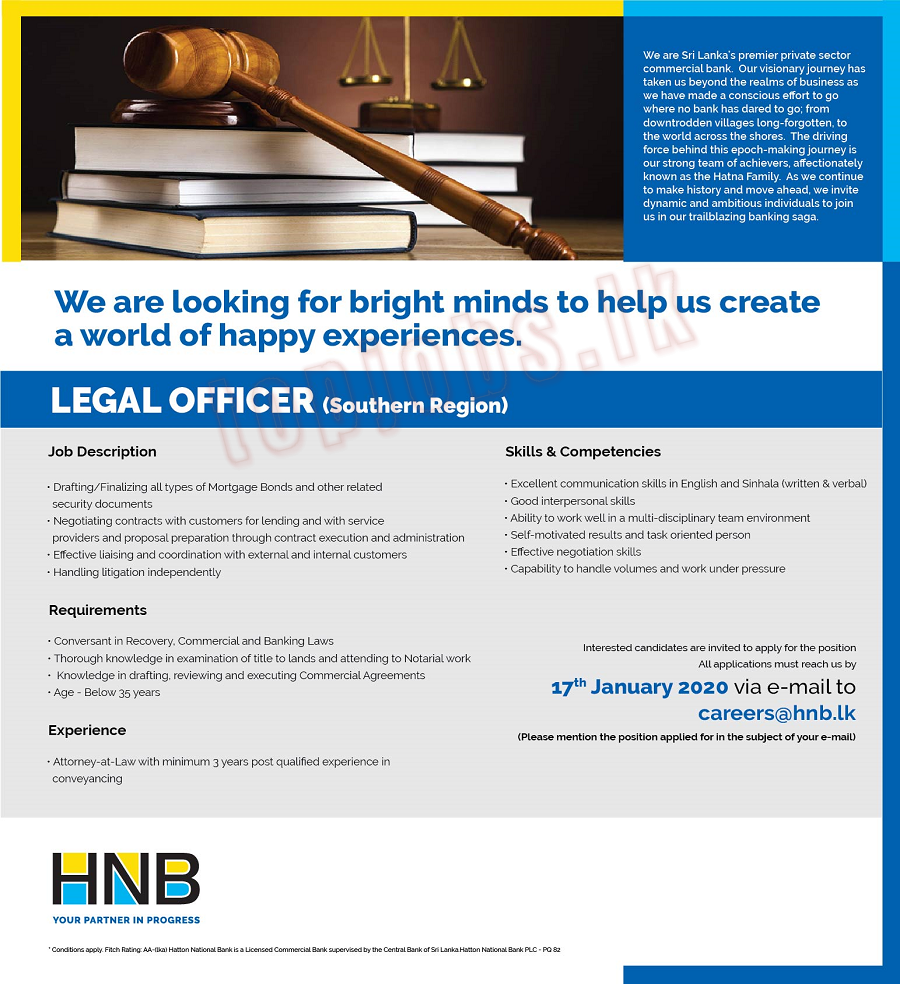 Legal Officer - HNB Bank Job Vacancies 2020