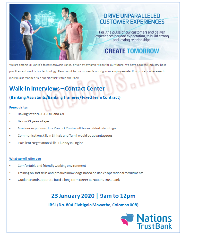 Walk-in Interviews – Contact Center (Banking Assistants/ Banking Trainees/ Fixed Term Contract) 