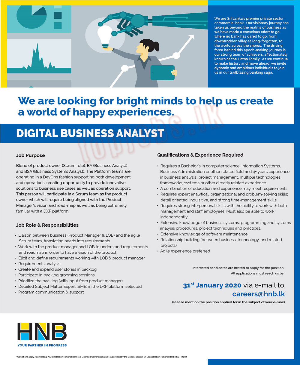 Digital Business Analyst - HNB Bank Job Vacancies 2020 - Onlinejobs.lk