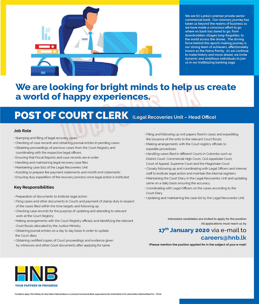 Court Clark - HNB Bank Job Vacancies 2020