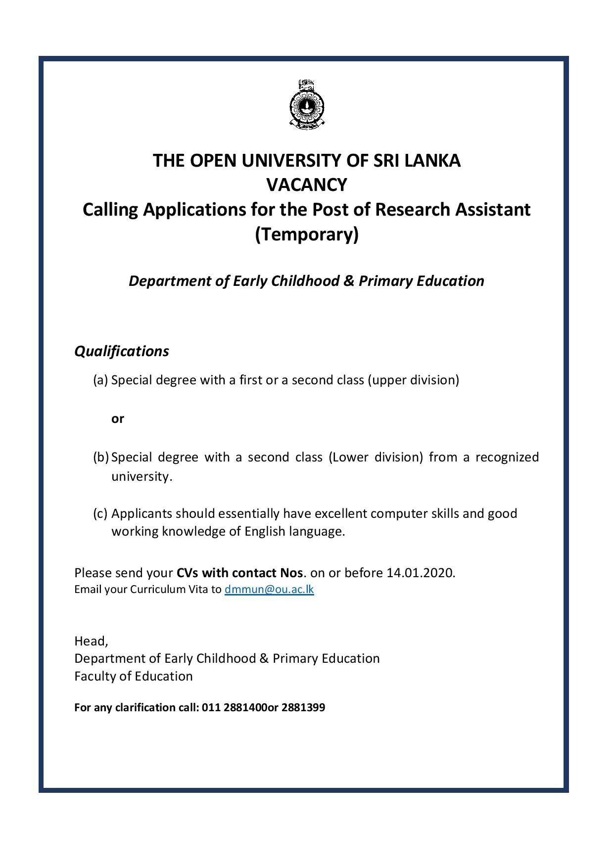 Research Assistant – The Open University Of Sri Lanka