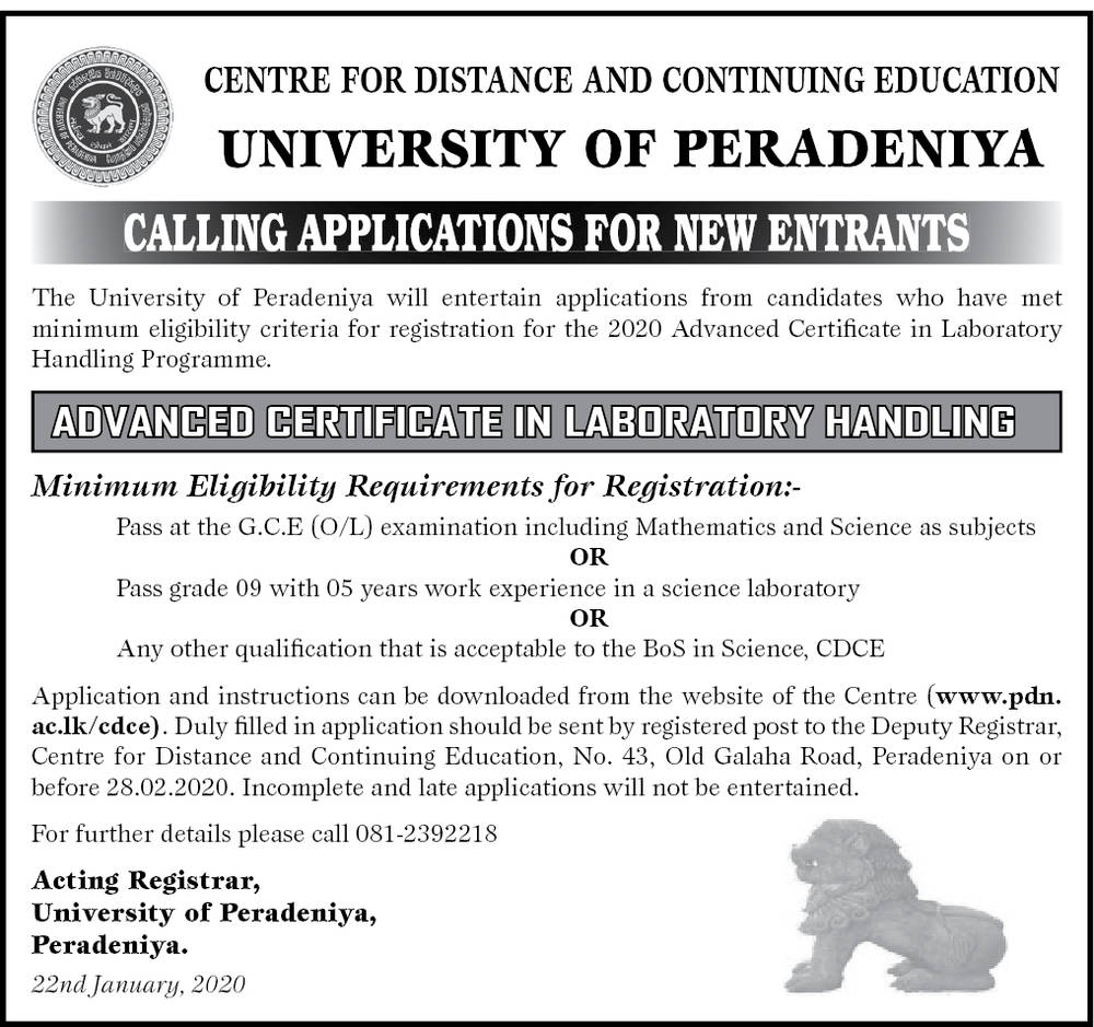 Advanced Certificate in Laboratory Handling - University of Peradeniya