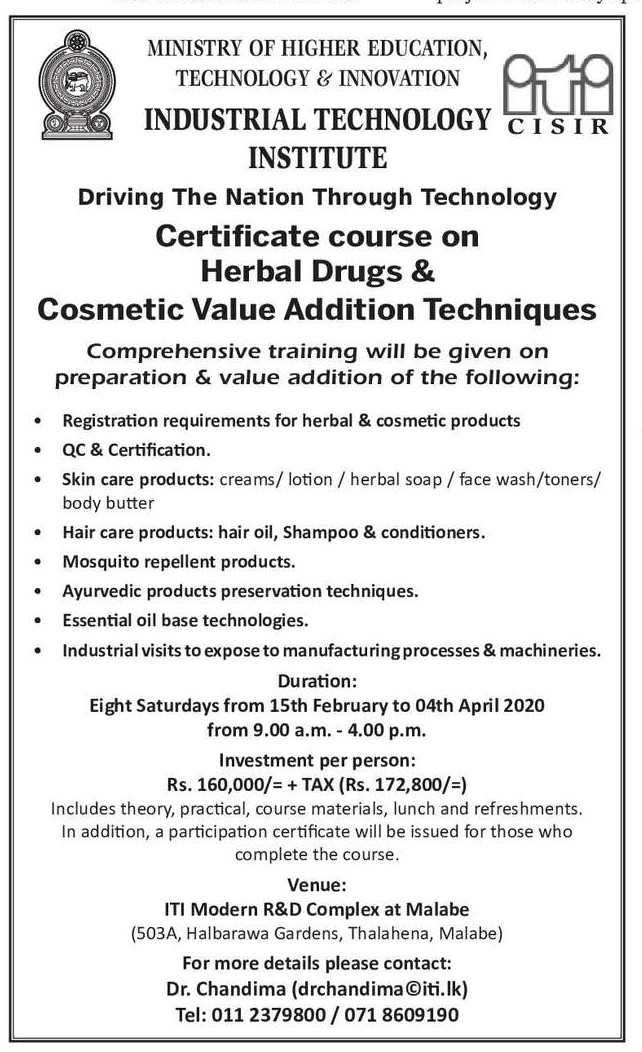 Certificate Course on Herbal Drugs & Cosmetic Value Addition Techniques - Industrial Technology Institute