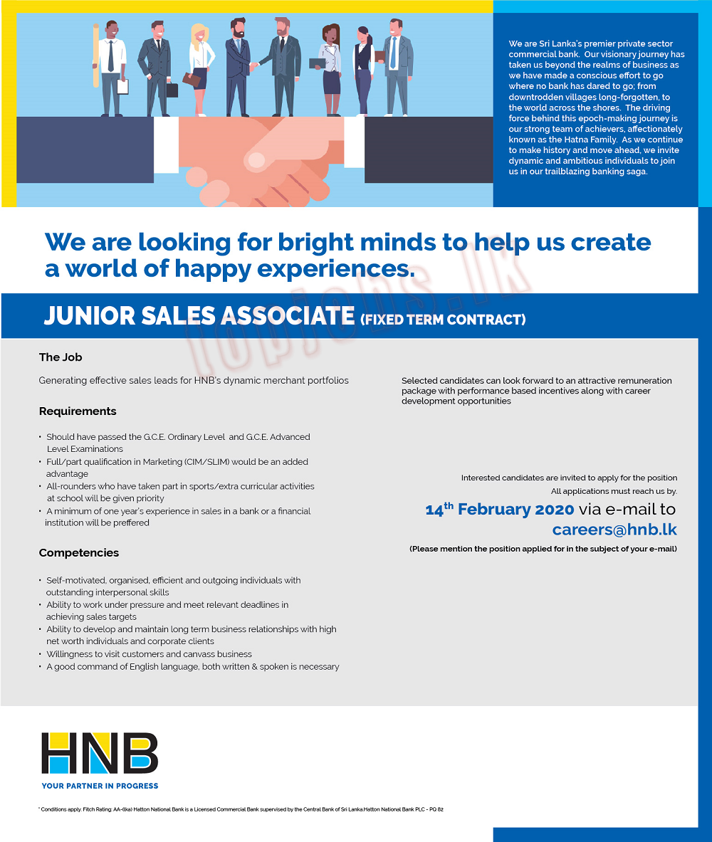Junior Sales Associate (Fixed Term Contract) - HNB Bank