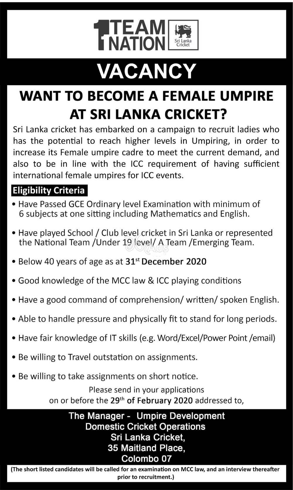 Cricket Umpire (female) - Team Nation Job vacancies 2020