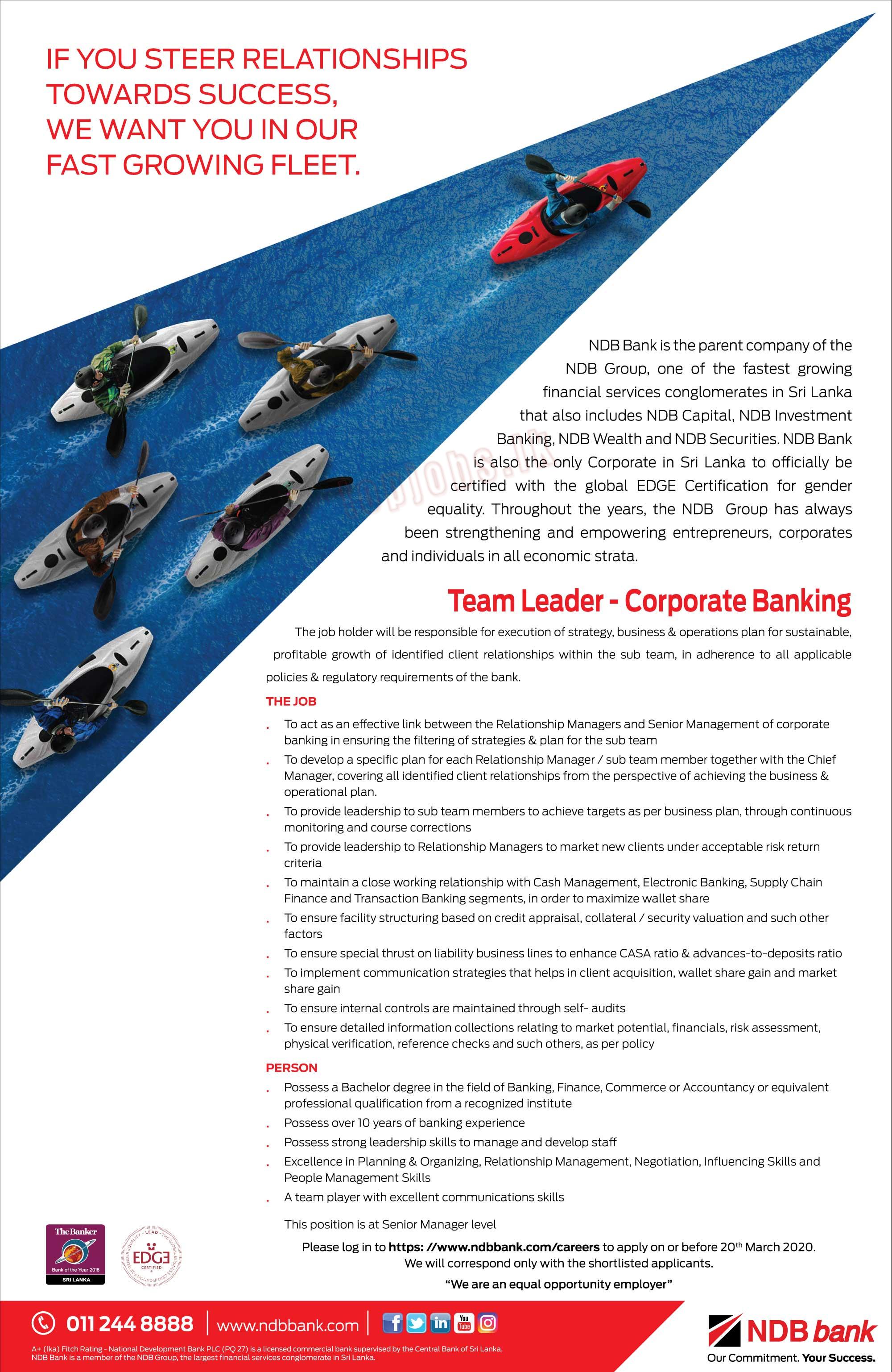 Team Leader - Corporate Banking - National Development Bank PLC
